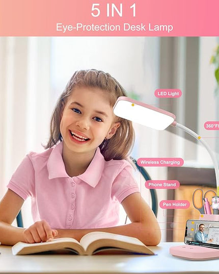 Sailstar Cute Desk Lamp, Pink Small Desk Lamp with Pen Holder, Wireless Charger LED Desk Lamps for Home Office, Kids Desk Lamp 800LM Gooseneck 3 Modes Dimmable Touch, Study Lamp for College Dorm Room - LeafyLoom