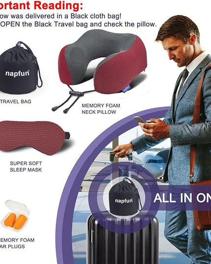 napfun Neck Pillow for Traveling, Upgraded Travel Neck Pillow for Airplane 100% Pure Memory Foam Travel Pillow for Flight Headrest Sleep, Portable Plane Accessories, Wine-Red Set, Medium (120-200LB) - LeafyLoom