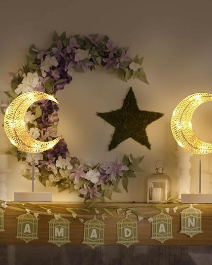 Rustic Moon Lamp for Ramadan Decor, Battery Operated Ramadan Lights for EID Mubarak Decorations, Office Desk, Cabinet, Bedroom Bedside Living Room Decor, Dining Centerpiece Table Decorations - LeafyLoom