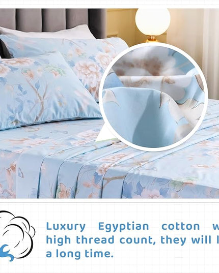 QSH 100% Cotton Floral Sheets for Split King Size Bed, Blue Flowers Plant Pattern Botanical Luxury Cotton Printed Floral Bedding Split King Sheet with Deep Pockets 17" Soft and Breathable 5pcs - LeafyLoom