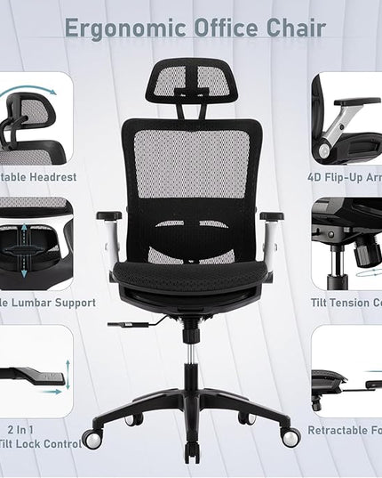 COLAMY Executive Mesh Office Chair with Footrest, Ergonomic Chair High Back with Adjustable Lumbar Support, Computer Desk Chair for Office/Work-Black - LeafyLoom