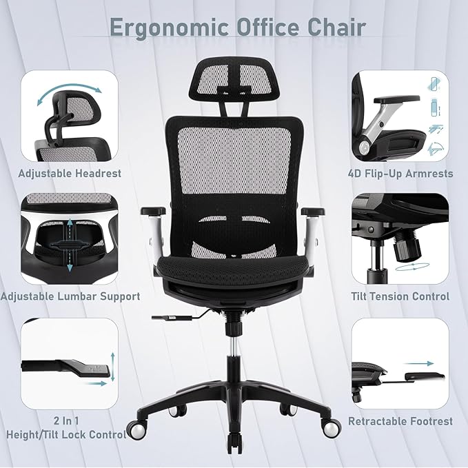 COLAMY Executive Mesh Office Chair with Footrest, Ergonomic Chair High Back with Adjustable Lumbar Support, Computer Desk Chair for Office/Work-Black - LeafyLoom