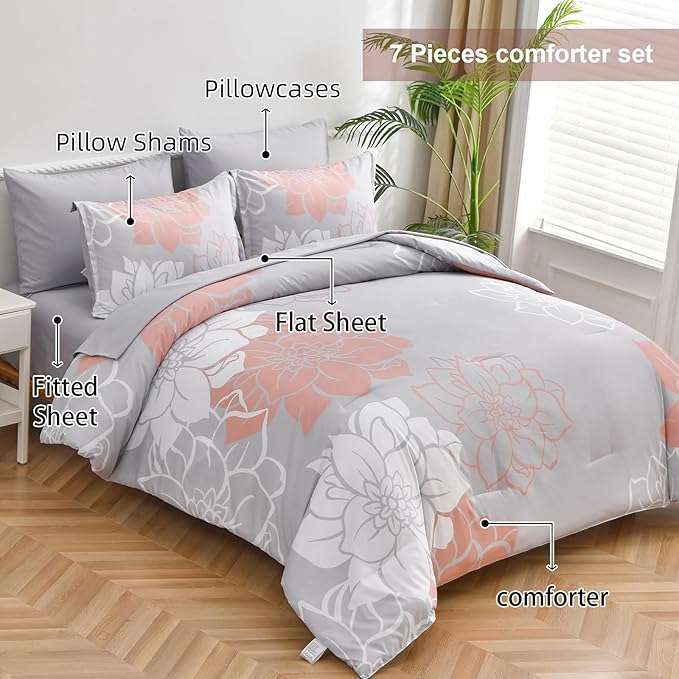 Floral Comforter Set Queen 7 Piece Bed in a Bag Coral Flower Comforter with Sheet Set Soft Micorfiber Bedding Set (1 Comforter,2 Pillow Shams,1 Flat Sheet,1 Fitted Sheet,2 Pillowcases) - LeafyLoom