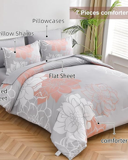 Floral Comforter Set King 7 Piece Bed in a Bag Coral Flower Comforter with Sheet Set Soft Micorfiber Bedding Set (1 Comforter,2 Pillow Shams,1 Flat Sheet,1 Fitted Sheet,2 Pillowcases) - LeafyLoom