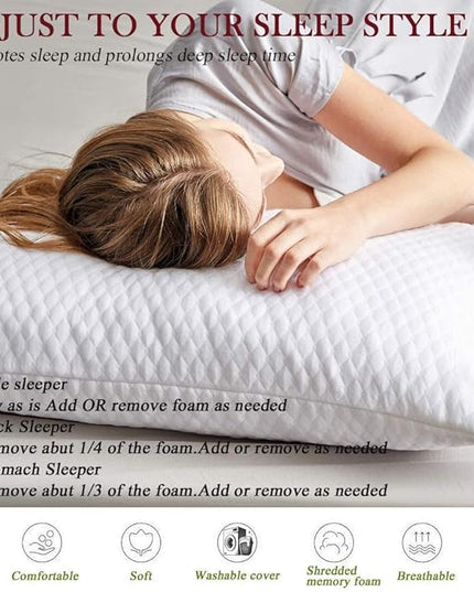 2 Pillows, Shredded Memory Foam Bed Pillows for Sleeping, with Washable Removable Cooling Hypoallergenic Sleep Pillow for Back and Side Sleeper, Queen (2-Pack) - LeafyLoom