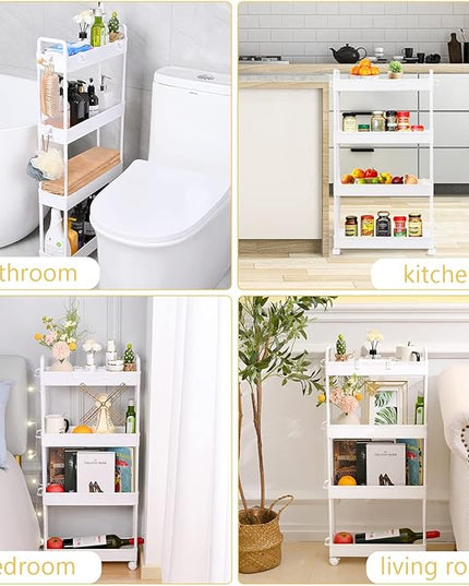 Arogan Slim Rolling Storage Cart with Wheels, 4 Tier Bathroom Storage Cart Laundry Room Organizer, Rolling Utility Cart for Kitchen, Bathroom, Laundry Room, Office, Narrow Place (White) - LeafyLoom
