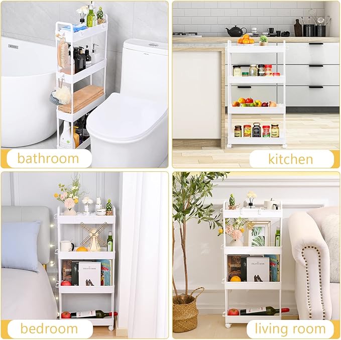 Arogan Slim Rolling Storage Cart with Wheels, 4 Tier Bathroom Storage Cart Laundry Room Organizer, Rolling Utility Cart for Kitchen, Bathroom, Laundry Room, Office, Narrow Place (White) - LeafyLoom