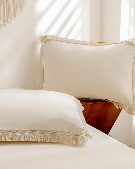 Litanika Beige Queen Comforter Set, 3 Pieces Cream Boho Tassel Lightweight Bed Comforter Queen,All Season Soft Solid Color Bedding Comforter Sets Ivory (1 Comforter 90x90 Inch, 2 Pillowcases) - LeafyLoom