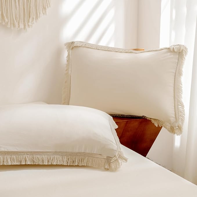 Litanika Beige Queen Comforter Set, 3 Pieces Cream Boho Tassel Lightweight Bed Comforter Queen,All Season Soft Solid Color Bedding Comforter Sets Ivory (1 Comforter 90x90 Inch, 2 Pillowcases) - LeafyLoom