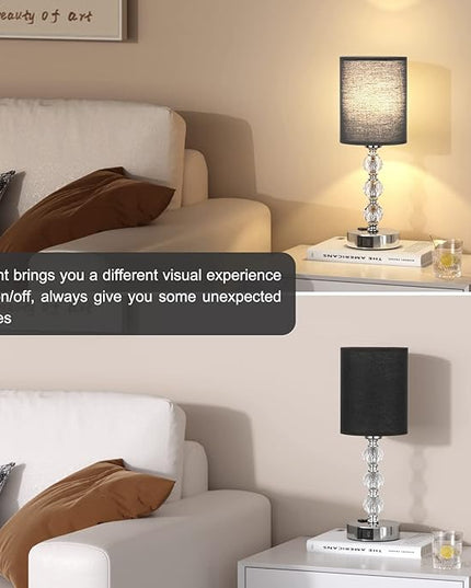 Black Touch Bedside Lamps for Bedrooms - Crystal Table Lamp with USB C+A Charging Port and AC Outlet Nightstand, 3 Way Dimmable Silver Small End Side Table Lamp for Living/Guest/Dinning Room/Kitchen - LeafyLoom