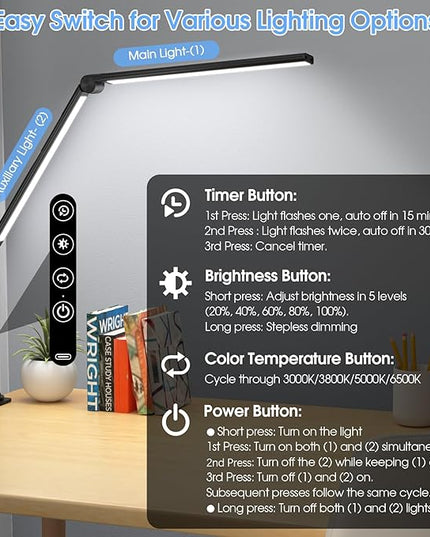 ShineTech LED Desk Lamp with Clamp, Architect Desk Lamp with Dual Light and Adjustable Swing Arm, 4 CCT Modes & 5 Brightness Levels Desk Light - LeafyLoom