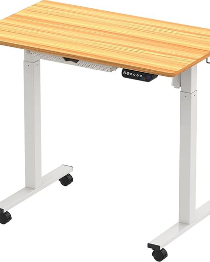 SHW Small Electric Height Adjustable Mobile Sit Stand Desk with Drawer, Hanging Hooks and Cable Management, 40 x 24 Inches, Oak - LeafyLoom