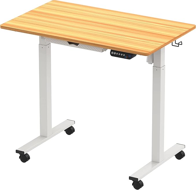 SHW Small Electric Height Adjustable Mobile Sit Stand Desk with Drawer, Hanging Hooks and Cable Management, 40 x 24 Inches, Oak - LeafyLoom