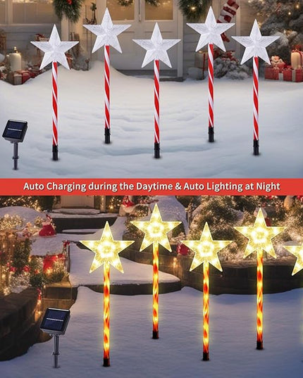 Solar Christmas Pathway Lights Outdoor Decorations, 8 Modes Star Candy Lights Waterproof Led Garden Stake Lights for Walkway Yard Lawn Porch Holiday Decor 5-Pack (Warm White Star Lights) BRIGHTDECK