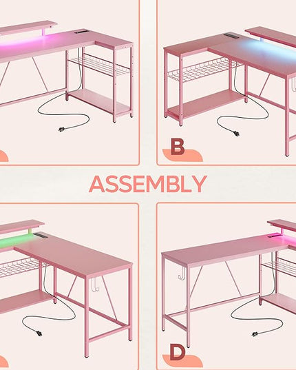 Bestier 52" Gaming Desk with Integrated Power Outlet & USB Ports, L-Shaped Computer Desk with LED Strip & Headphone Hooks, Perfect for Home Office Pink - LeafyLoom