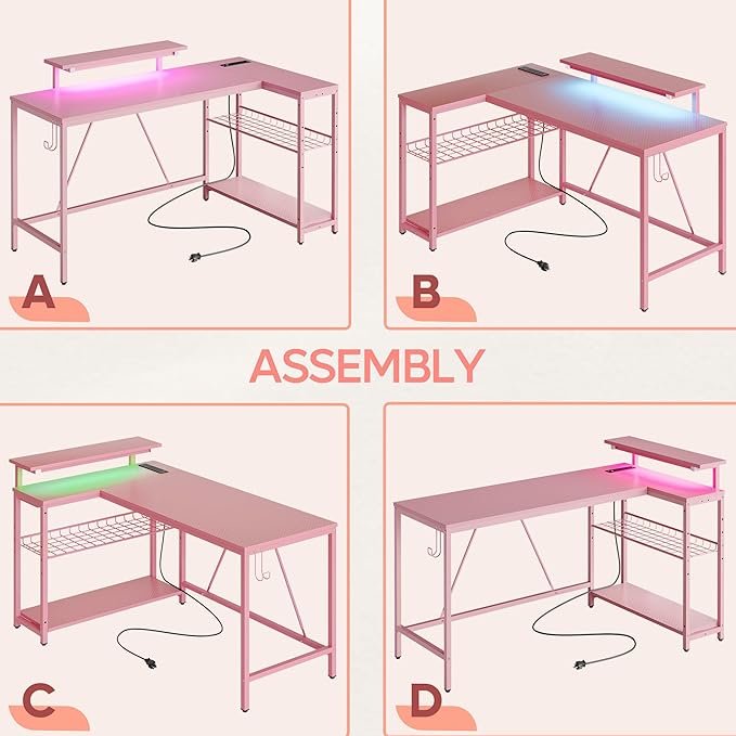 Bestier 52" Gaming Desk with Integrated Power Outlet & USB Ports, L-Shaped Computer Desk with LED Strip & Headphone Hooks, Perfect for Home Office Pink - LeafyLoom