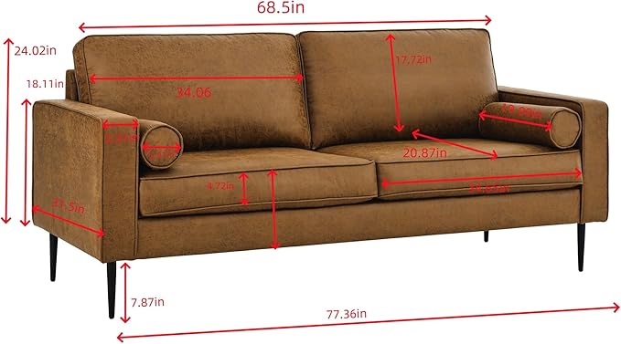 Upholstered 3 Seater Sofa Couch with Metal Legs and Removable Cushions for Livingroom Bedroom, Including 2 Bolster Pillows, Brown, 77" W - LeafyLoom