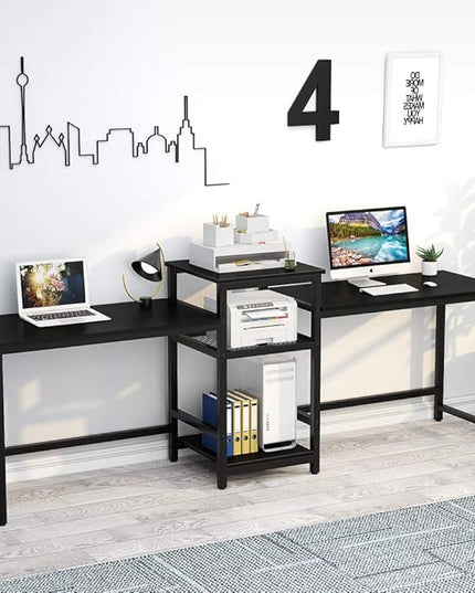 Tribesigns 96.9" Double Computer Desk with Printer Shelf, Extra Long Two Person Desk Workstation with Storage Shelves, Large Office Desk Study Writing Table for Home Office (Black) - LeafyLoom