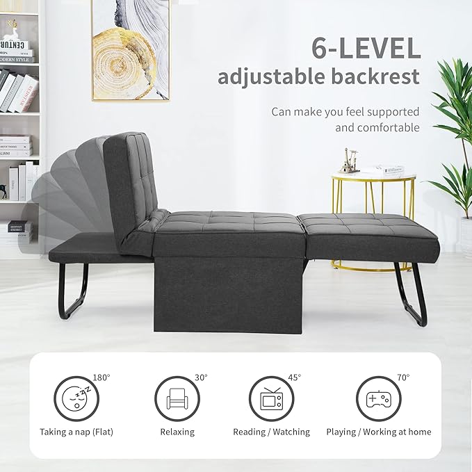 Sofa Bed, 4 in 1 Multi-Function Folding Ottoman Breathable Linen Couch Bed with Adjustable Backrest Modern Convertible Chair for Living Room Apartment Office, Dark Grey - LeafyLoom