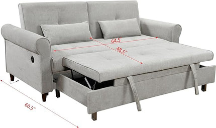 Queen Size Loveseat Sleeper Sofa,3 in 1 Soft Linen Upholstered Oversized Convertible Love Seat Sofabed cum Daybed W/Pull Out Sleep Couch Bed and USB Charging Ports for Living Space, 77.5", Grey - LeafyLoom