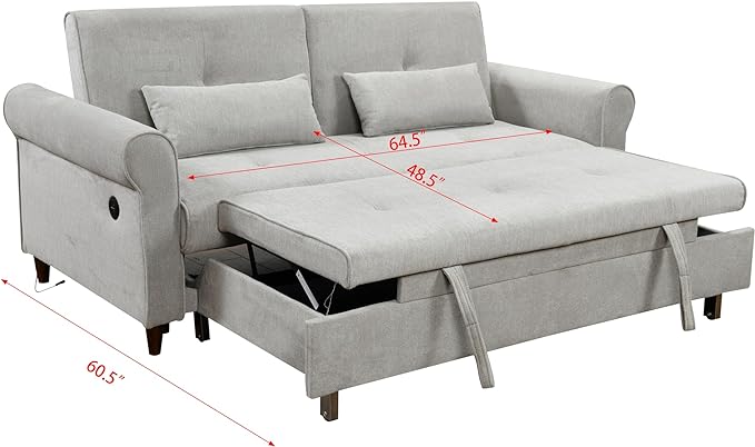 Queen Size Loveseat Sleeper Sofa,3 in 1 Soft Linen Upholstered Oversized Convertible Love Seat Sofabed cum Daybed W/Pull Out Sleep Couch Bed and USB Charging Ports for Living Space, 77.5", Grey - LeafyLoom