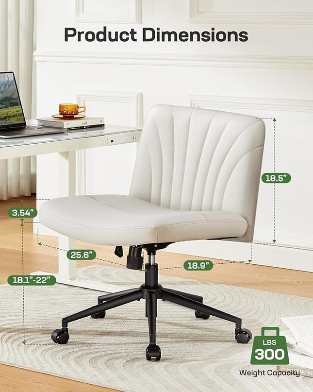 Marsail Criss Cross Chair with Wheels: PU Leather Cross Legged Office Chair Wide Armless Desk Chair Swivel Height Adjustable Vanity Chair for Make Up,Small Space,Bed Room(Light Beige) - LeafyLoom