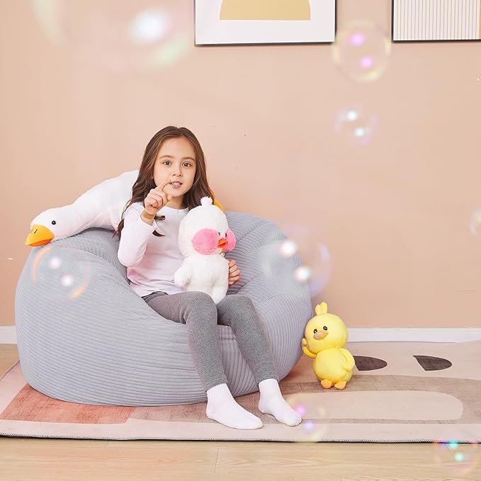 Stuffed Animal Storage Bean Bag Chair Cover for Kids, 38" Beanbag Chairs Cover Plush Toys Organizer Super Soft Corduroy with Handle and Zipper for Boys and Girls - Grey - LeafyLoom