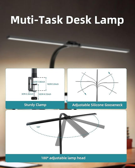 LED Desk Lamp with Clamp for Home Office,Double Head Eye-Caring Clip on Lights with Remote,10 Dimmable Brightness, 24W Bright Desk Light for Reading Study Workbench Drafting, Flexible Gooseneck Lamp - LeafyLoom