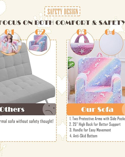 Snuggly-Soft Cuddly Toddler Plush Armchair for Boys and Girls Glowing Pink Fuzzy Plush Kids Sofa Couch Reading Chair with Children Friendly Handle for Easy Movement & Double Pockets for Storage - LeafyLoom