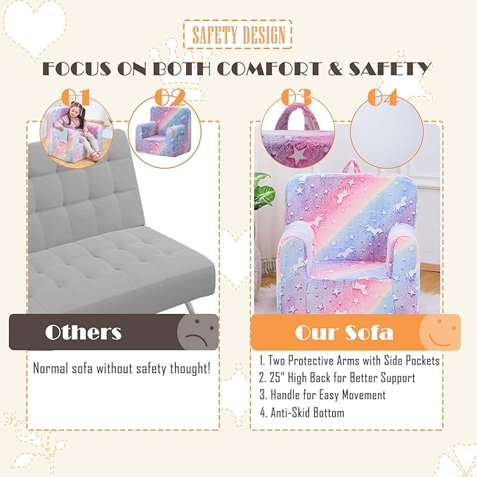 Snuggly-Soft Cuddly Toddler Plush Armchair for Boys and Girls Glowing Pink Fuzzy Plush Kids Sofa Couch Reading Chair with Children Friendly Handle for Easy Movement & Double Pockets for Storage - LeafyLoom