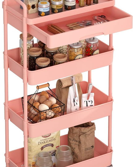 4-Tier Rolling Cart，Trolley with Drawer, Kitchen Storage Organizer with Plastic Shelf & Metal Wheels, Storage Cart for Living Room, Kitchen, Office, Bathroom, Pink - LeafyLoom