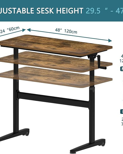 Manual Standing Desk Adjustable Height- Crank Mobile Standing Desk 48 x 24 Inches Sit Stand Desk Frame & Top, Stand Up Desk on Wheels, Computer Desk Black Frame & Rustic Brown - LeafyLoom