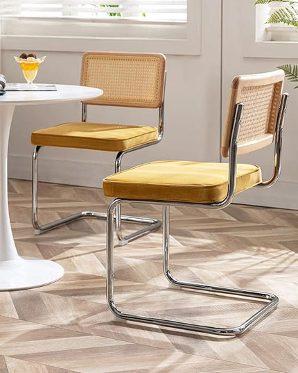 Zesthouse Rattan Dining Chairs 4pcs, Velvet Accent Chairs with Natural Cane Back & Stainless Chrome Base, Modern Mid Century Breuer Designed Chairs, Upholstered Kitchen Dining Room Chairs - LeafyLoom