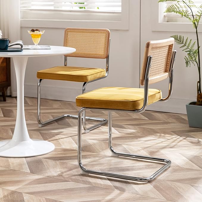 Zesthouse Mid Century Modern Dining Chairs Set of 2, Velvet Accent Chairs with Natural Cane Back & Stainless Chrome Base, Famous Breuer Designed Chairs, Upholstered Rattan Kitchen Chairs - LeafyLoom