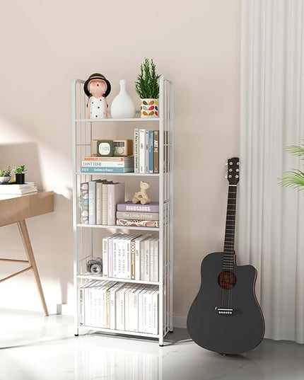 White 5 Tiers Tall Bookshelf, Industrial Storage Shelf, Multifunctional Narrow Bookcase, Display Standing Shelf Units for Living Room, Bedroom, Kitchen - LeafyLoom