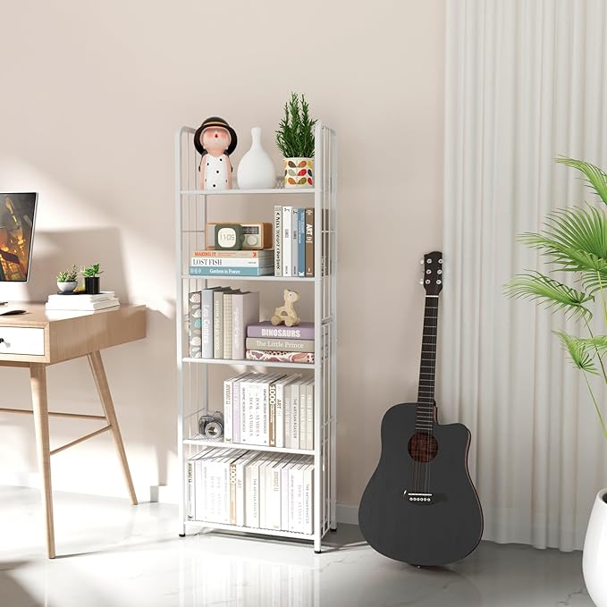 White 5 Tiers Tall Bookshelf, Industrial Storage Shelf, Multifunctional Narrow Bookcase, Display Standing Shelf Units for Living Room, Bedroom, Kitchen - LeafyLoom