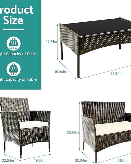 Patio Furniture, 4 Piece Conversation Set, Outdoor Wicker Rattan Table and Chairs, Sectional Sofa with Thick Cushion for Garden, Yard, or Porch, Brown - LeafyLoom