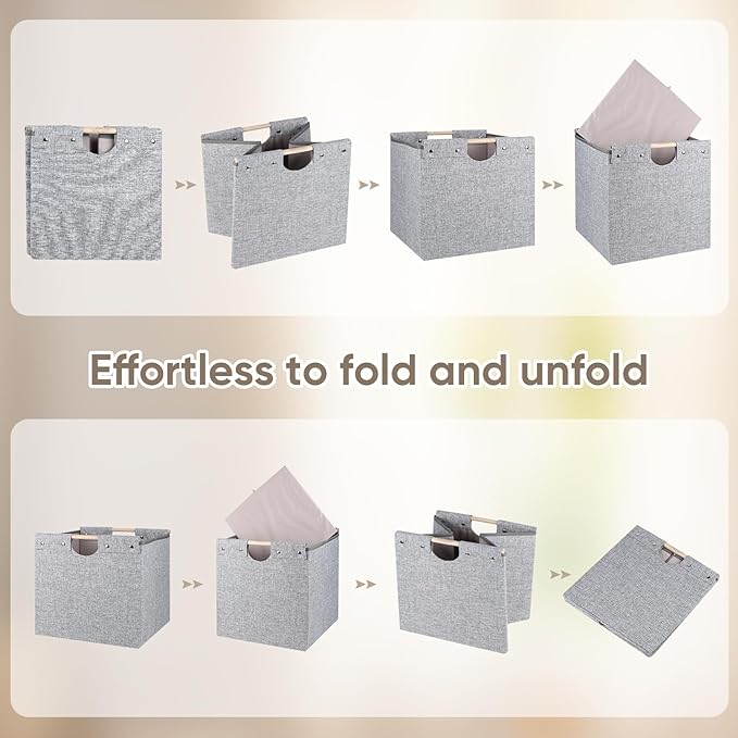 13x13x13 Inches Collapsible Storage Cubes, 4 Pack Fabric Bins with Wooden Handles for Kallax Shelves, Closet, Cabinet, Bookcase, Home Organizer Boxes for Decor and Laundry (Gray) - LeafyLoom