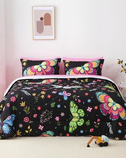 Girls Butterfly Comforter Set Twin Size Colorful Flowers Leaves Bedding Set for Kids Teens Black 7 Piece Bed in A Bag Super Soft All Season - LeafyLoom