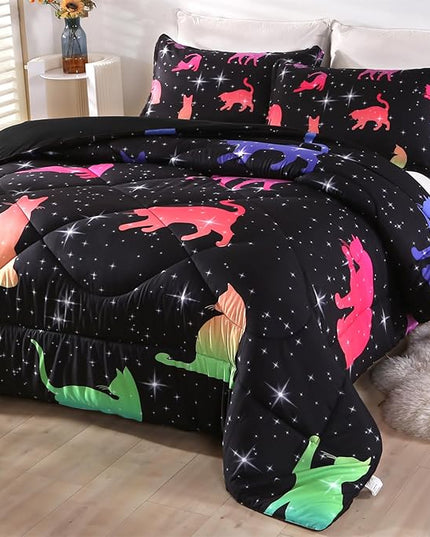 ENCOFT Cat Full Bedding Comforter Set Full for Girls and Boys Premium 3 Piece Cats Bedding Set Black Comfortable and Breathable for Teens and Adults with 1 Comforter and 2 Pillowcases - LeafyLoom