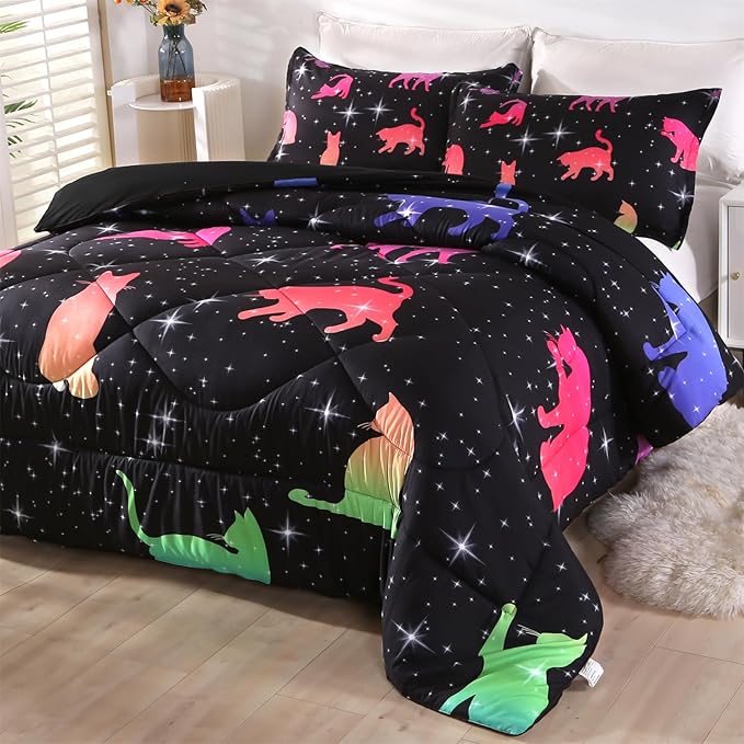 ENCOFT Cat Full Bedding Comforter Set Full for Girls and Boys Premium 3 Piece Cats Bedding Set Black Comfortable and Breathable for Teens and Adults with 1 Comforter and 2 Pillowcases - LeafyLoom