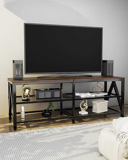 TV Stand for TV up to 65 Inch, Long 55" TV Cabinet with 3-Tier Storage Shelves,Entertainment Center TV Console Table for Living Room with Industrial TV Metal Frame, Rustic Brown - LeafyLoom