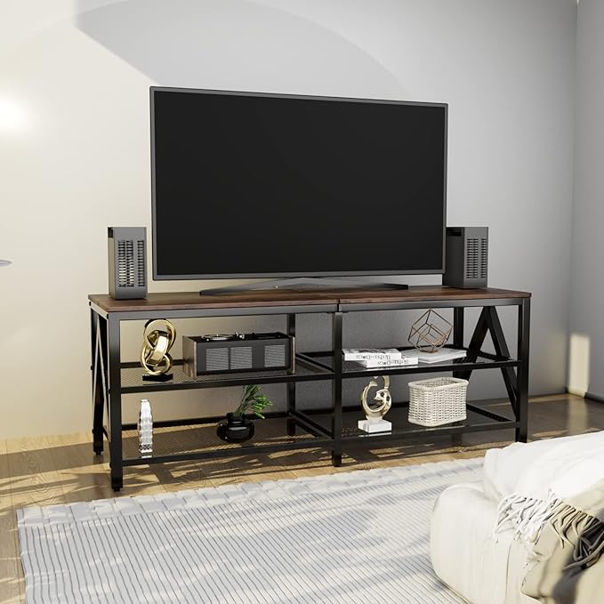 TV Stand for TV up to 65 Inch, Long 55" TV Cabinet with 3-Tier Storage Shelves,Entertainment Center TV Console Table for Living Room with Industrial TV Metal Frame, Rustic Brown - LeafyLoom