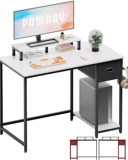 Pamray 39 Inch Computer Desk with Monitor Stand Small Home Office Desks with Non-woven Storage Drawer for Bedroom Study Table Writing and Work Desk White - LeafyLoom