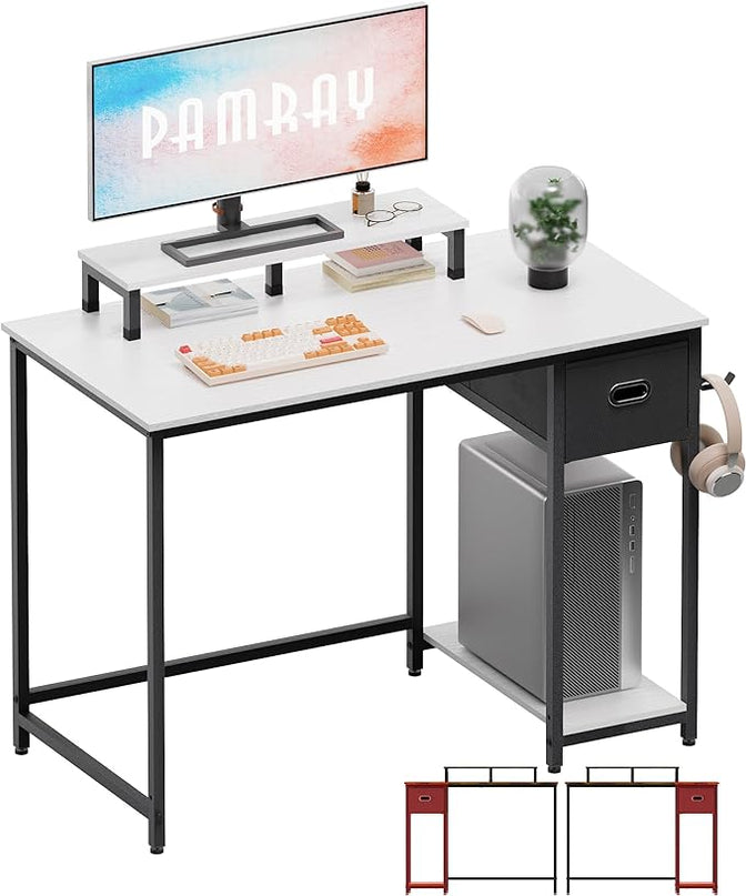 Pamray 39 Inch Computer Desk with Monitor Stand Small Home Office Desks with Non-woven Storage Drawer for Bedroom Study Table Writing and Work Desk White - LeafyLoom