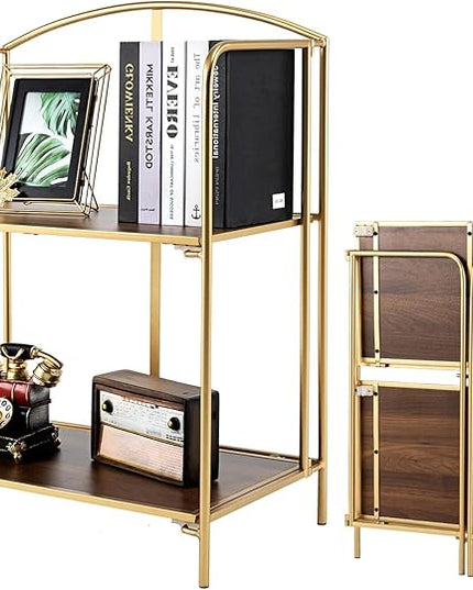 No Assembly Folding Bookshelf for Living Room, 2 Tier Gold Collapsible Book Shelf for Home Office, Portable Bookcase Storage Organizer - LeafyLoom