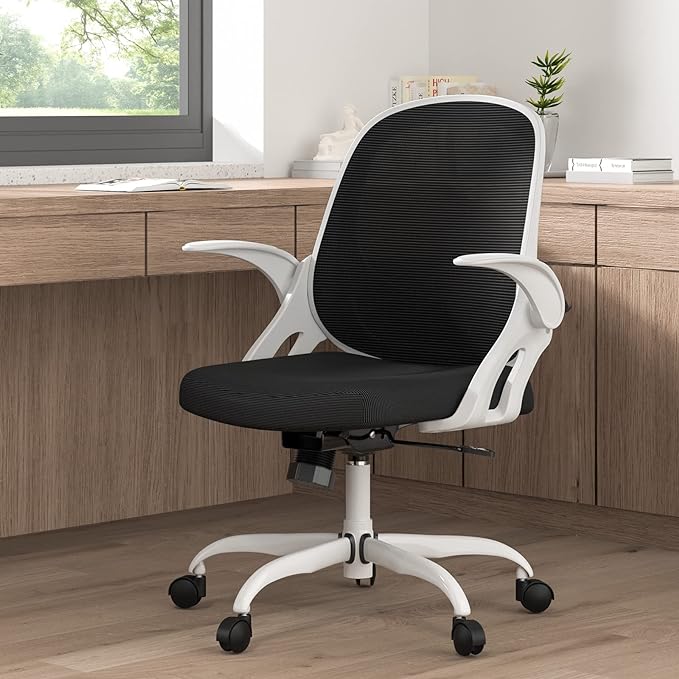 Home Office Chair Work Desk Chair Comfort Ergonomic Swivel Computer Chair, Breathable Mesh Desk Chair, Lumbar Support Task Chair with Wheels and Flip-up Arms and Adjustable Height - LeafyLoom