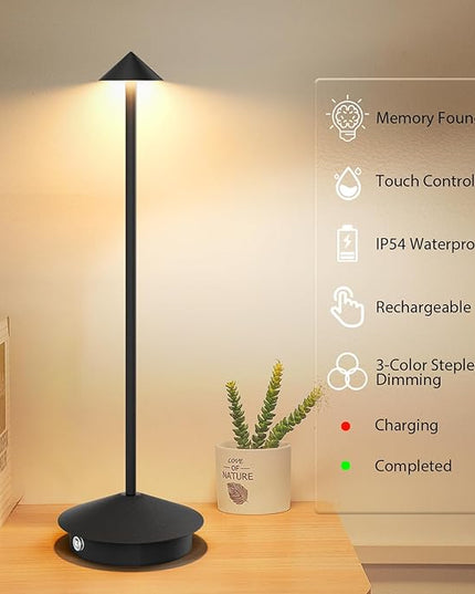 2-Pack 6000mAh Rechargeable LED Table Lamps,Outdoor Cordless Table Lamp Waterproof Portable, 3-Color Stepless Dimmable Modern Lamp for Restaurant/Bedroom(Black) - LeafyLoom