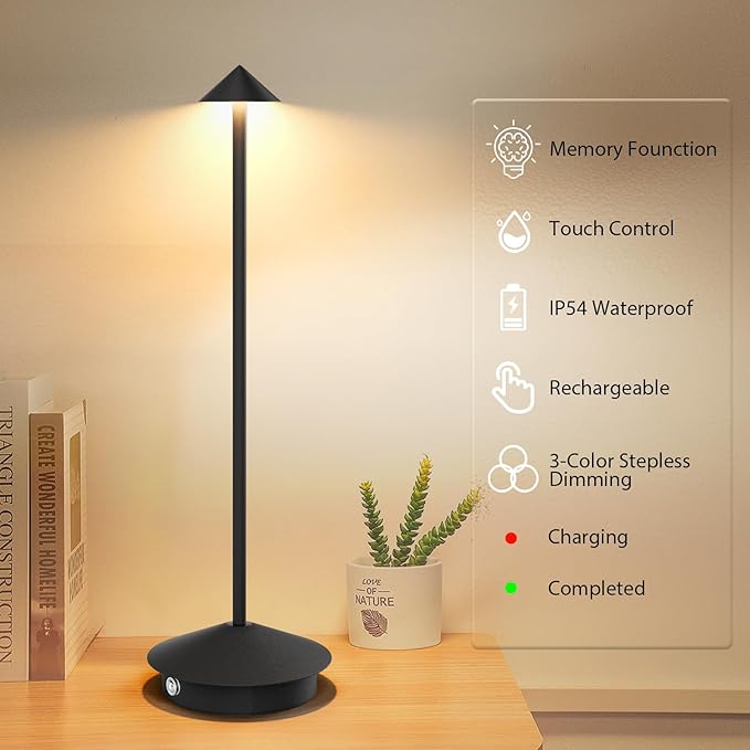 2-Pack 6000mAh Rechargeable LED Table Lamps,Outdoor Cordless Table Lamp Waterproof Portable, 3-Color Stepless Dimmable Modern Lamp for Restaurant/Bedroom(Black) - LeafyLoom