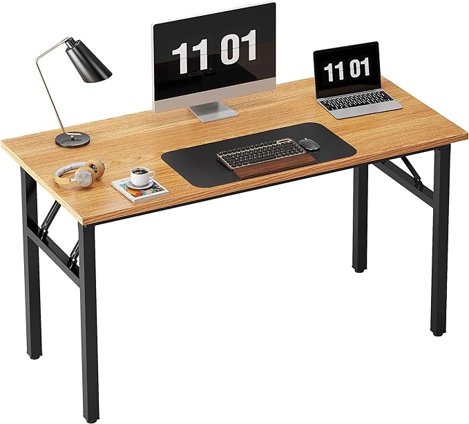Need Home Office Desk 47 inches Folding Computer Table Workstation No Install, Teak and Black - LeafyLoom